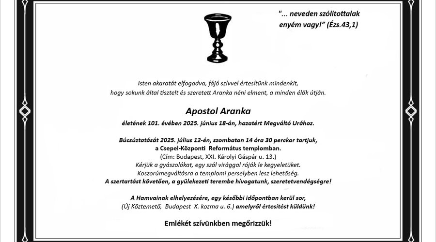Apostol Aranka gyászjelentés