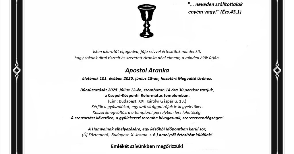 Elhunyt Apostol Aranka
