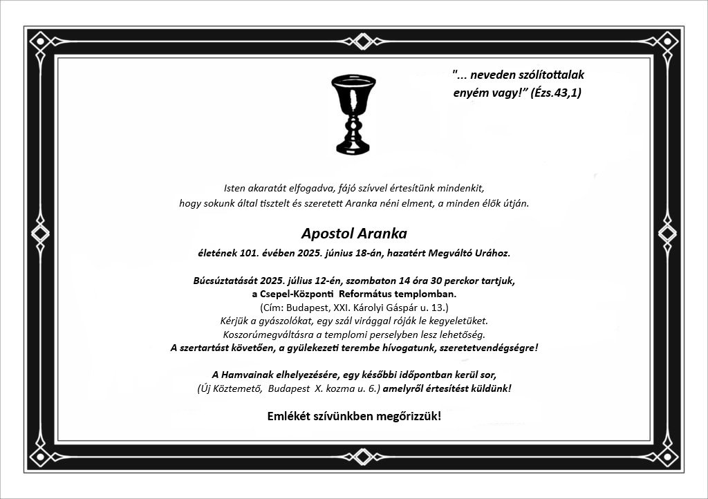 Apostol Aranka gyászjelentés