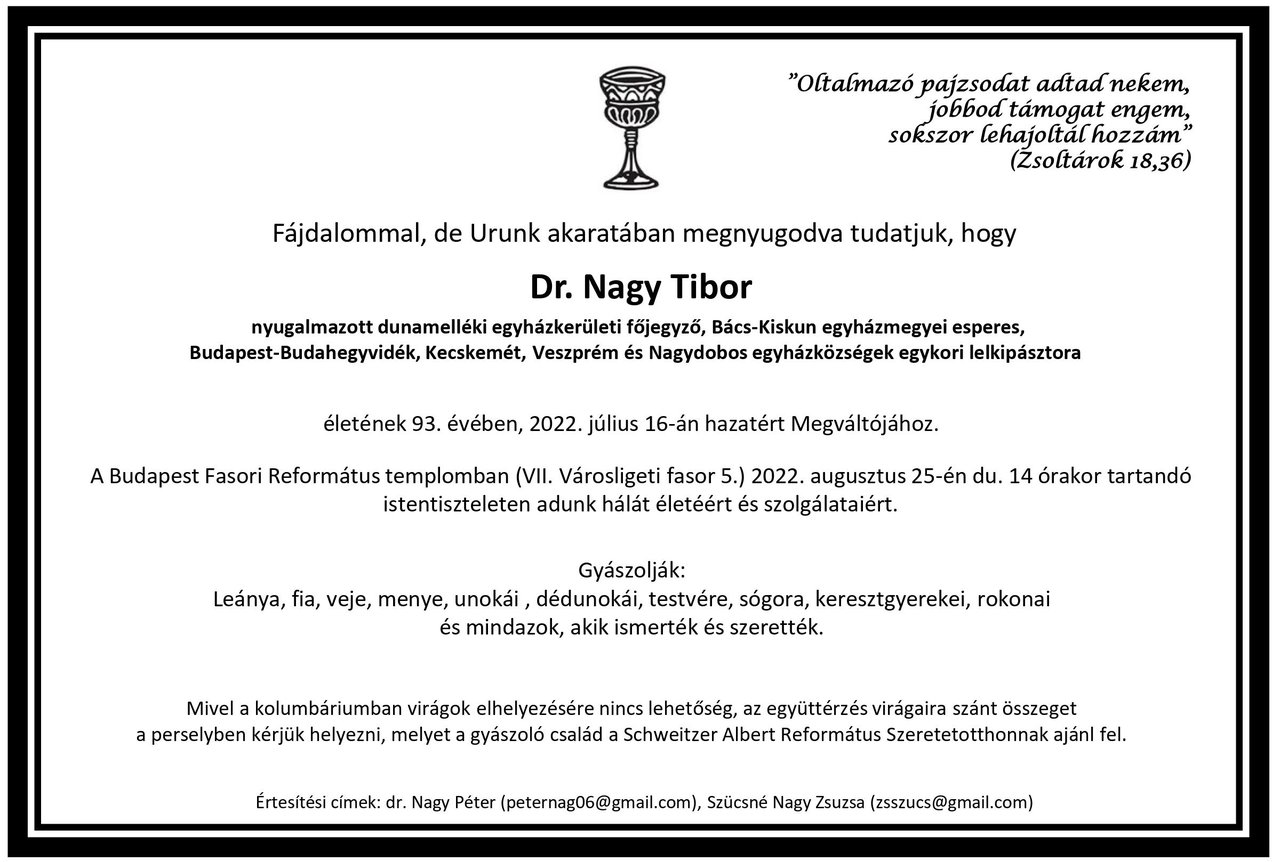 Dr Nagy Tibor gyászjelentés