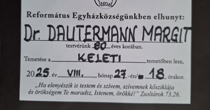Elhunyt Dautermann Margit a Szerbiai Református Keresztyén Egyház főgondnoka