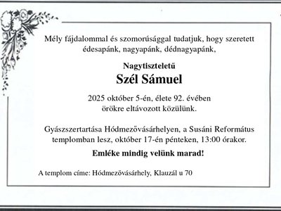 Gyászjelentés, Szél Sámuel 2025.10.09.