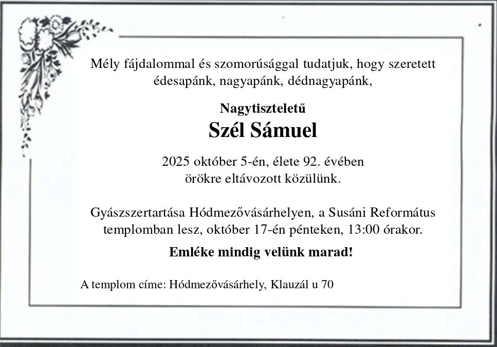 Gyászjelentés, Szél Sámuel 2025.10.09.
