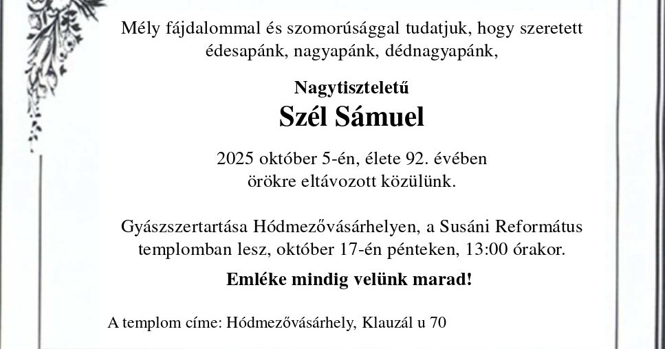 Elhunyt Szél Sámuel lelkipásztor
