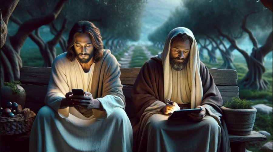 Jézus telefonnal a Gecsemáné kertben - Forrás: ChatGPT/DALL-E (a kép a ChatGPT beépített képkészítőjével készítette Ulicza Tamás)