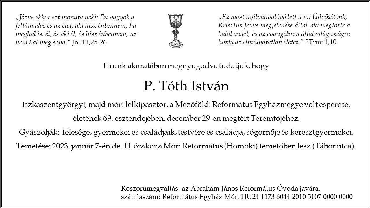 P. Tóth István gyászjelentés