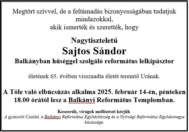 Sajtos Sándor gyászjelentés