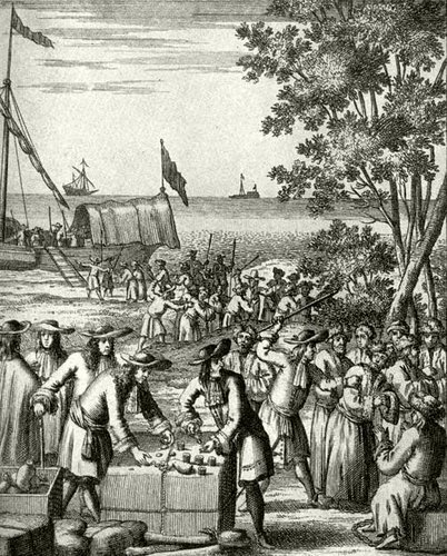 Galley slaves, engraving from the Low Countries, 1684
