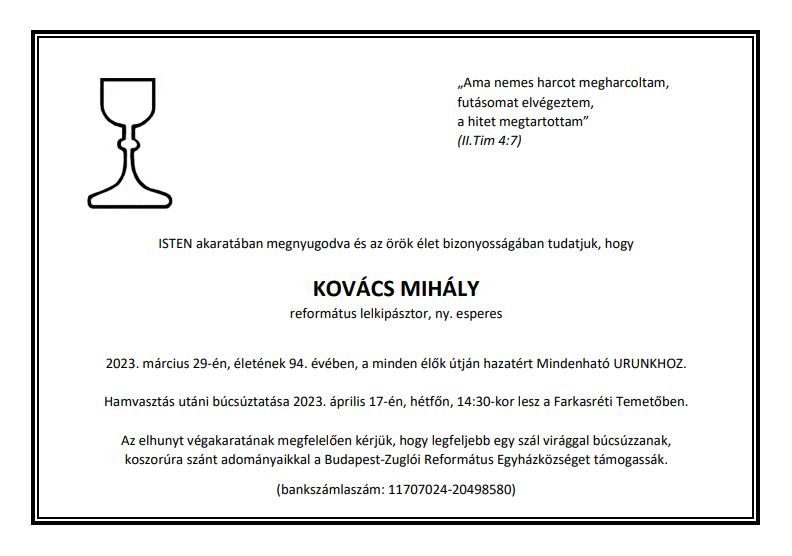 Kovács Mihály gyászjelentése 2023 április