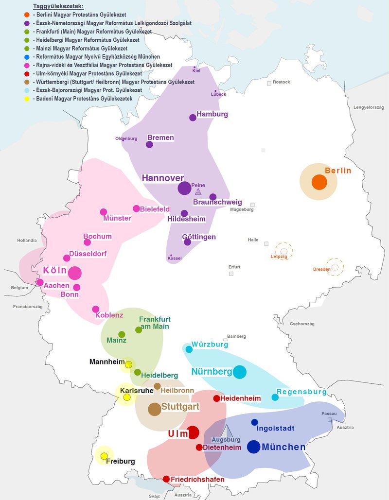 A Németországi Magyar-ajkú Protestáns Gyülekezetek Szövetsége térképe