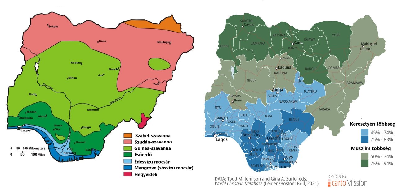 összehasonlító térkép Nigéria növényzet-vallási megoszlás - Források: unitedemsa.wordpress.com és Cartomission