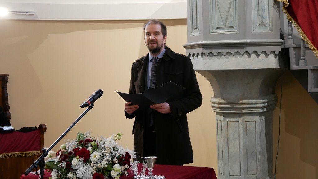 Šime Jerčić, a horvát Vallási Közösségekkel Kapcsolatos Bizottság Hivatalának vezetője. Felújított nagypiszanicai református templom hálaadó istentisztelet - 2025. december 13. - Fotó: refdunantul.hu