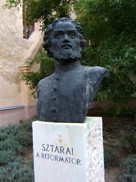 Statue of Sztárai Mihály in the courtyard of the Reformed Church in Nagyharsány
